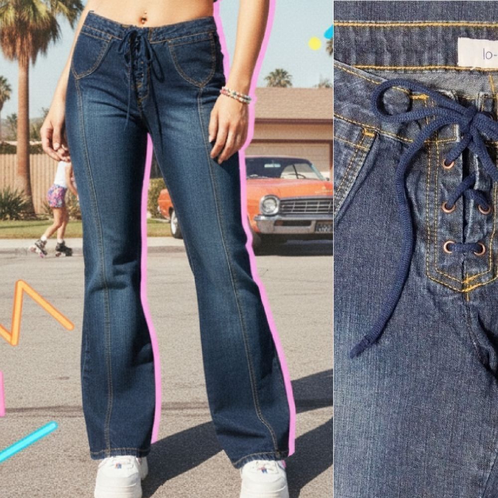 VTG 90s Jordache Low Rise Flare Jeans Lace Up Detail SZ 11/‎ 12 RARE Festival